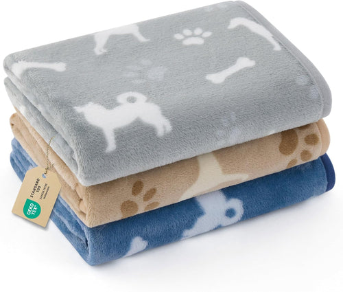 Bedsure Dog Blanket for Small Dogs Puppy, Flannel Fleece, 3-Pack 30x20 | 280GSM Coral Fleece,Machine Washable Fuzzy Pet Blanket with Dog Prints for Crate Cage, Dog Bed,Puppy Essentials,Doggy Gifts